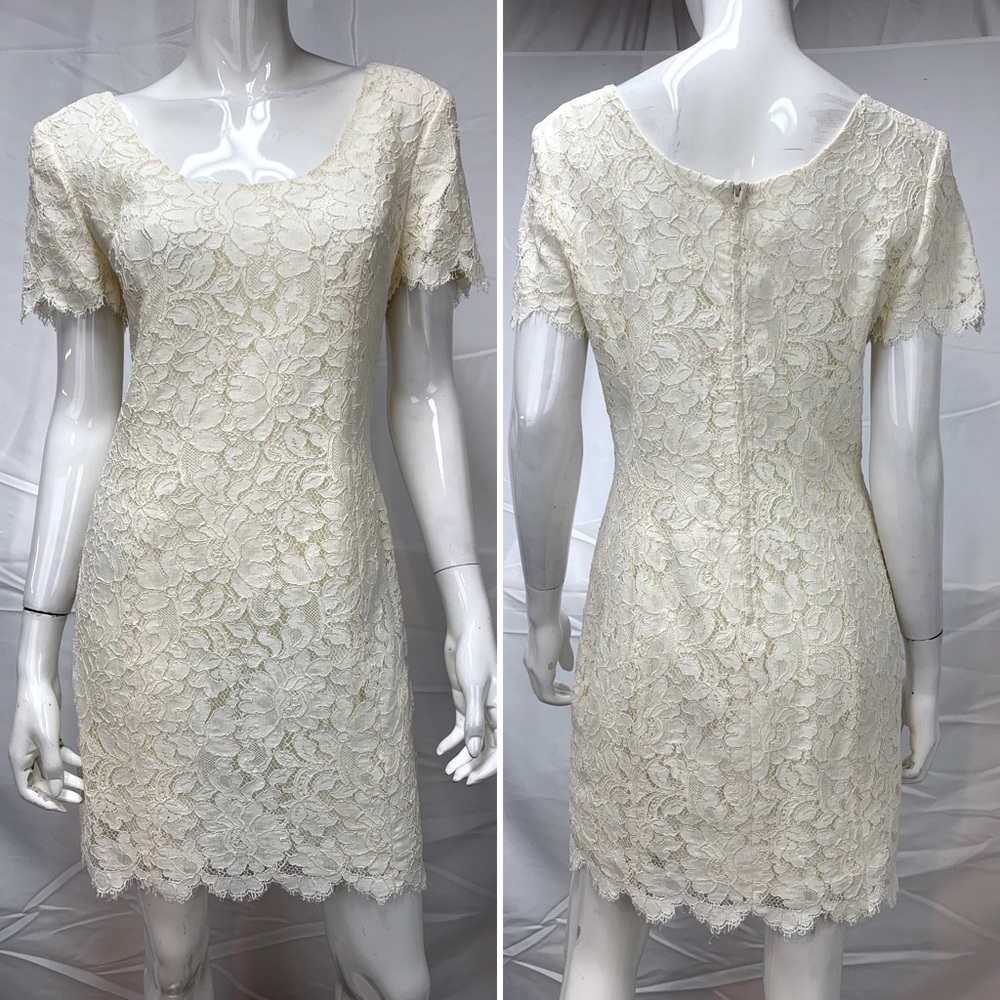 Paule Ka Paris Cream Short Sleeve Floral Lace Short Scalloped Hem Dress 42